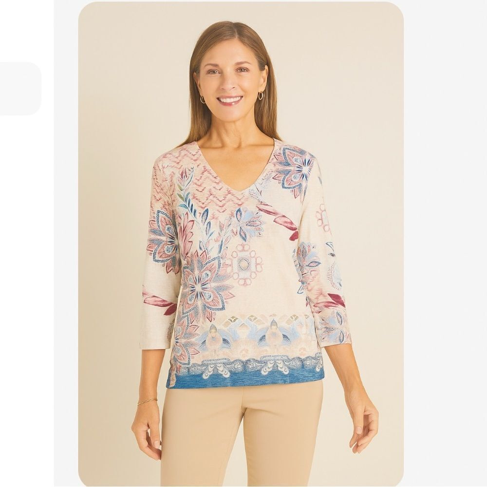 Chico's 3 Border Floral 3/4 Sleeve Jersey Knit Top NEW Size Small